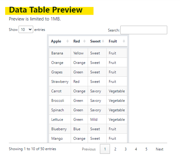 Data table preview