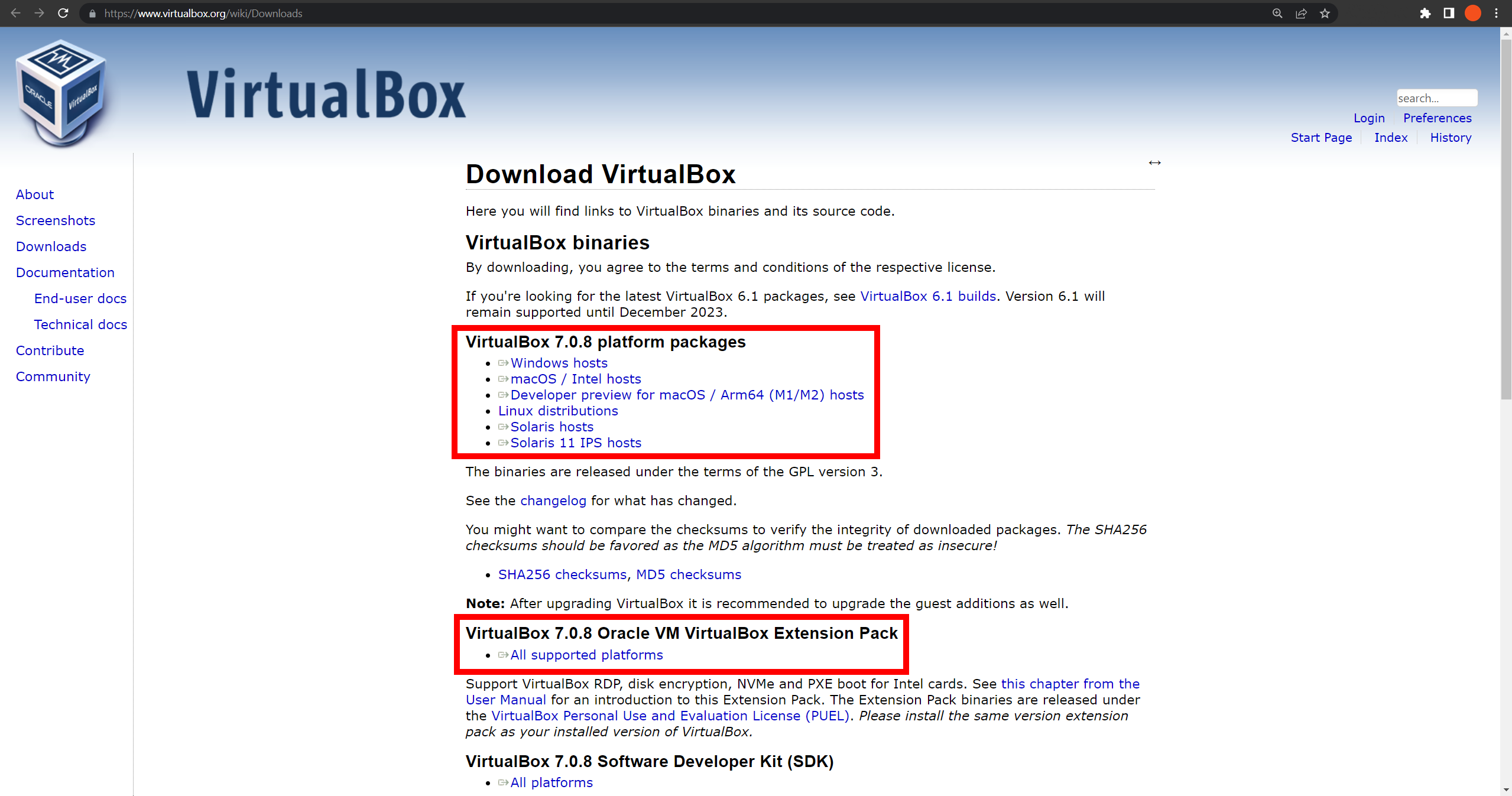 VirtualBox download page