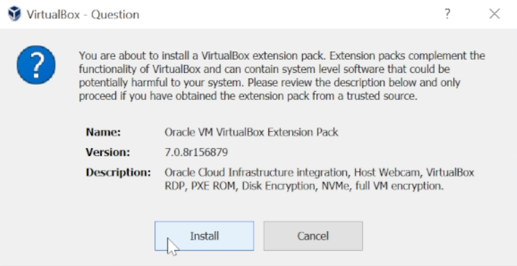 VirtualBox Extension Pack Install